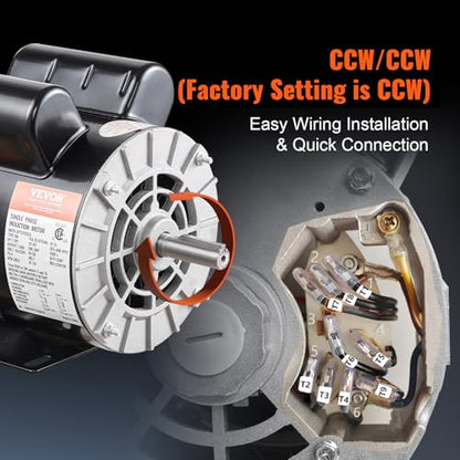VEVOR 2HP Air Compressor Electric Motor, 115/230V, 20/10 Amps, 56 Frame 3450RPM, 5/8" Keyed Shaft, 1.88" Shaft Length, Single Phase, CCW/CW (Factory Setting is CCW) - size: 2P-1.88" Shaft Length