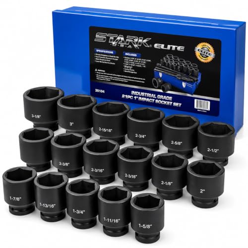 Stark USA 21-Piece 1" Drive SAE Jumbo Impact Socket Set, Heavy Duty Cr-Mo 6-Point Deep Impact Sockets with 24" Ratchet, Extension Bars, Sliding T-Handle & Storage Case