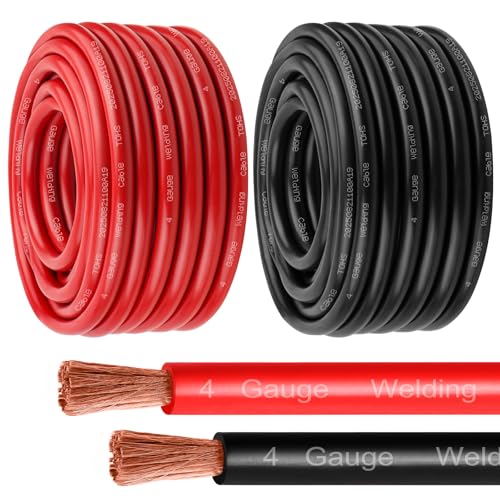 MOOKEERF 4 Gauge Battery Cable - 50FT Red + 50FT Black 4 AWG Welding Cable Flexible Stranded Oxygen-Free Pure Copper Wire for Automotive, Battery, Inverter, Solar, Marine and Generator - color: 50ft Black + 50ft Red, size: 4AWG