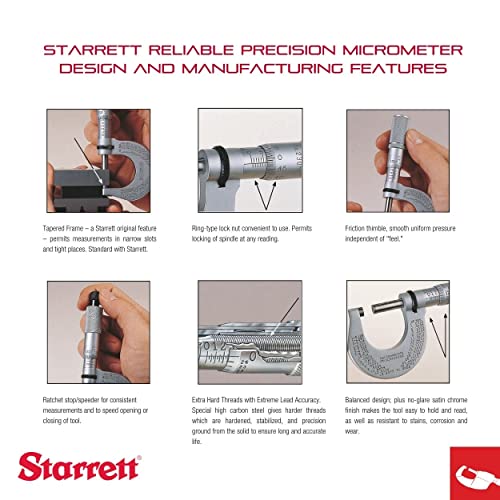 Starrett Outside Micrometer with One-Piece Spindle, Satin Chrome Finish and Advanced Sleeve Design - Quick and Easy Adjustment, 0-1" Range, .001" Graduation - 436.1XRL-1