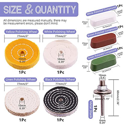 Swpeet 3" Buffing Polishing Wheels Polish Pad 8Pcs Kit with 3Pcs Polishing Compounds and 1/4" Drill Shank, White Cotton(50Ply)/ Yellow Cotton(36Ply)/Coarse Linen/Denim Wheels for Bench Grinder
