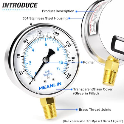 MEANLIN MEASURE 0~160Psi Stainless Steel 1/4" NPT 2.5" FACE DIAL Liquid Filled Pressure Gauge WOG Water Oil Air Lower Mount, with 1/2" NPT and 3/8" NPT Hex Bushing - size: 0-160Psi