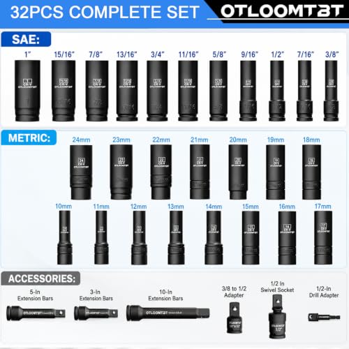 OTLOOMTBT 32PCS Impact Socket Set 1/2" Drive Metric & SAE Deep Sockets - size: 1/2 Inch 32 PCS
