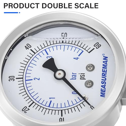 MEASUREMAN Stainless Steel Sanitary Pressure Gauge, 2.5” Dial, 0-60 PSI, Glycerin-Filled for Accuracy, 1.5” Tri Clamp Bottom Mount for Food, Dairy, and Pharmaceutical Applications - size: 2.5",0-60 psi/bar, style: Lower Mount