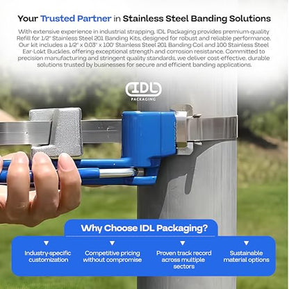 IDL Packaging 1/2" Stainless Steel 304 Banding Kit – Heavy-Duty Banding Tool + 1/2" x 0.03" x 100' Stainless Steel 304 Banding Coil + 100 Stainless Steel Wing Seals - size: 1/2" x 0.03" x 100', style: SS 304 + Seals