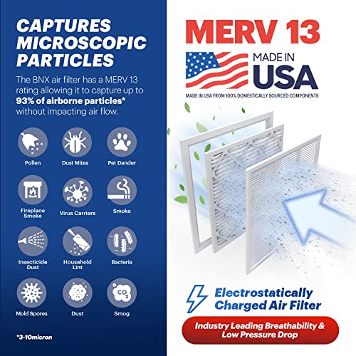 BNX TruFilter 20x30x1 Air Filter MERV 13 (6-Pack) - MADE IN USA - Electrostatic Pleated Air Conditioner HVAC AC Furnace Filters for Allergies, Pollen, Mold, Bacteria, Smoke, Allergen, MPR 1900 FPR 10 - size: 20x30x1 6-Pack