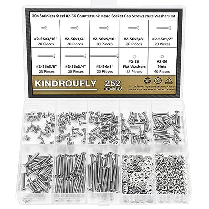 252 Pieces #2-56 x 3/16", 1/4", 5/16", 3/8", 1/2", 5/8", 3/4", 1", Countersunk Head Socket Cap Screws Nuts Washers Assortment Kit, 304 Stainless Steel, Fully Machine Thread - size: #2-56, style: Countersunk Head