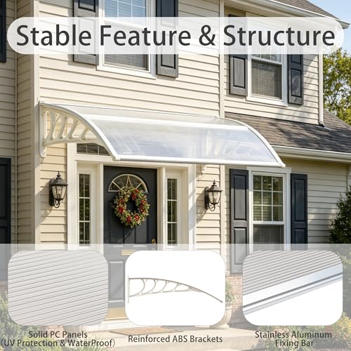 58.5x35 Inch Patio Window Awning Shade, Polycarbonate Door Entrance Canopy Cover Protection for Sunshine & Rain, Transparent with White Edge - color: White + Transparent