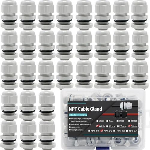 30-Pack 3/8" NPT Cable Glands, IP68 Waterproof Nylon PA66 Strain Relief Cord Grips, Adjustable Locknut for 4-8mm Wire, Electrical Conduit Fitting with Gaskets, Grey - color: Gray, size: 3/8"-30pcs