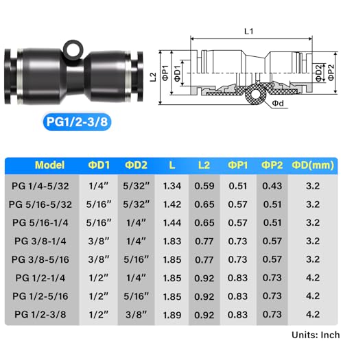 TAILONZ 1/2" x 3/8" Reducer Push-to-Connect Fitting PG1/2-3/8 10Pcs - size: 1/2"OD x 3/8"OD