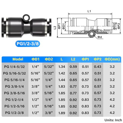 TAILONZ 1/2" x 3/8" Reducer Push-to-Connect Fitting PG1/2-3/8 10Pcs - size: 1/2"OD x 3/8"OD