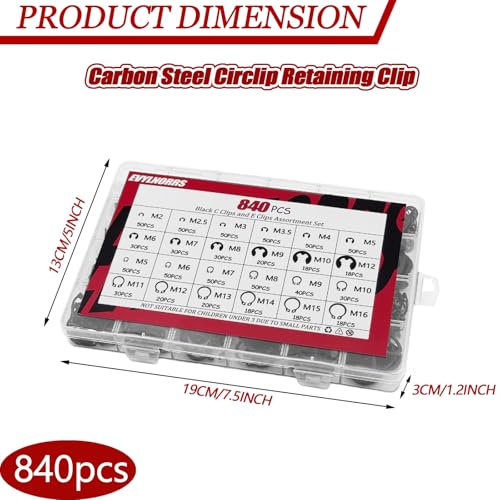 840Pcs C Clips Assortment (M5-M16) and E Clips Assortment Set (M2-M12), External Retaining Rings,Bearing Retaining Ring,Carbon Steel Circlip Retaining Clip,Black