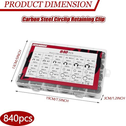 840Pcs C Clips Assortment (M5-M16) and E Clips Assortment Set (M2-M12), External Retaining Rings,Bearing Retaining Ring,Carbon Steel Circlip Retaining Clip,Black