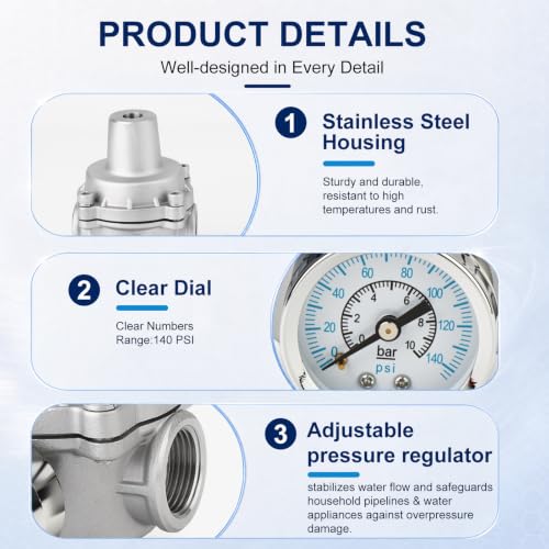 MEANLIN MEASURE 1/2" FNPT Stainless Steel Pressure Regulator with Gauge - size: 1/2" FNPT