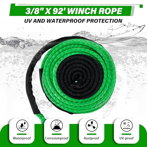 TYT Synthetic Winch Rope 3/8" X 92' with Hook, 27000LBS Synthentic Winch Cable Kit with Protective Sleeve for 4WD Off Road Vehicle Truck SUV Jeep (Green) - color: Green, size: 3/8" x 92'