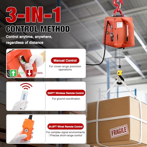 Nilight 3-in-1 Electric Hoist Winch, 1100LBS 1500W Portable Power Winch Crane with Manual Wired Wireless Remote Control, 110V Electric Hoist 25FT Lifting Height for Garage Warehouses Factories, Orange - size: 1100LBS Orange