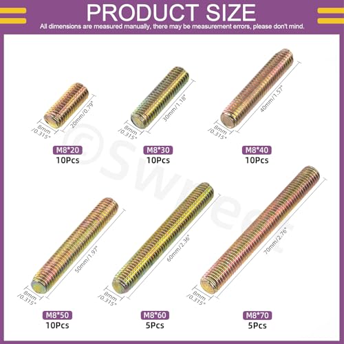 Swpeet 50Pcs 6 Sizes M8 x 20/30/ 40/50/ 60/ 70mm Galvanized Carbon Steel Fully Threaded Rod Assortment Kit, Threaded Rods Bar Studs for Furniture Machinery Assembly - style: M8