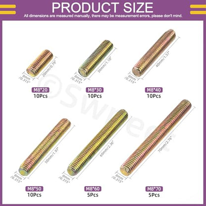 Swpeet 50Pcs 6 Sizes M8 x 20/30/ 40/50/ 60/ 70mm Galvanized Carbon Steel Fully Threaded Rod Assortment Kit, Threaded Rods Bar Studs for Furniture Machinery Assembly - style: M8