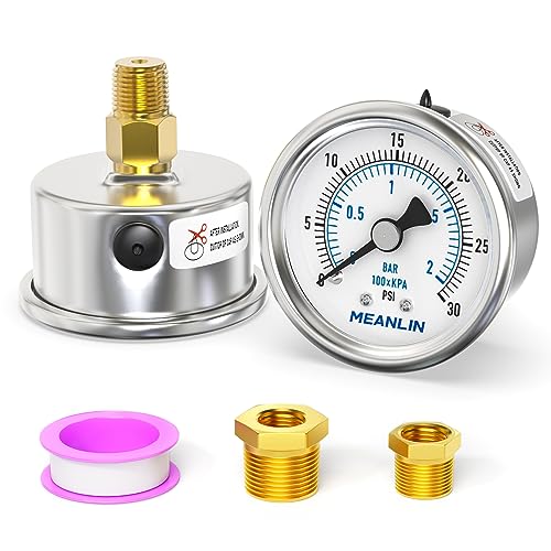 MEANLIN MEASURE 0~30Psi Dry Low Pressure Gauge Stainless Steel 1/4" NPT 2" FACE DIAL Waterproof for Pool Sand Filter Water Oil Air Pressure Test Back Mount, with 1/2" NPT and 3/8" NPT Hex Bushing - size: 0-30Psi