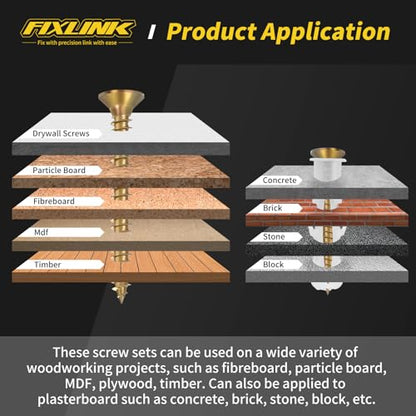 240PCS Wood Screws Assortment Kit, FIXLINK Zinc Coated Flat Head Screws Set - color: Yellow Zinc