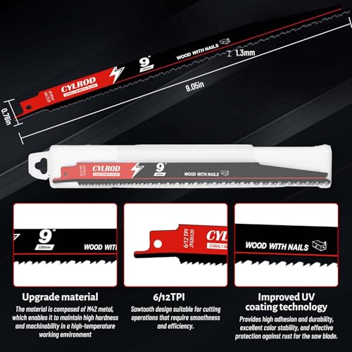 25 Pack 9 in 6/12TPI Reciprocating Saw Blades for Sawzall Blades Nail-Embedded Wood Cutting,M42 Steel Cobalt Bi-Metal Blades Replace for Milwaukee for Dewalt for Diablo for Sawzall Blade - size: 9 inch, style: 6/12 TPI Set
