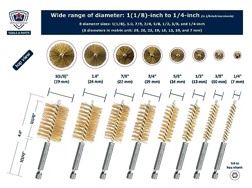 8-Size Bore Brush Set, Brass / Copper Wire Brush for Power Drill, Drill Brush Set, Metal Brush, Cleaning Brush, 1(1/8), 1.0, 7/8, 3/4, 5/8, 1/2, 3/8, 1/4 - inch Diameter, with 1/4-in Hex Shank - style: 1Set x 8Size (Brass)