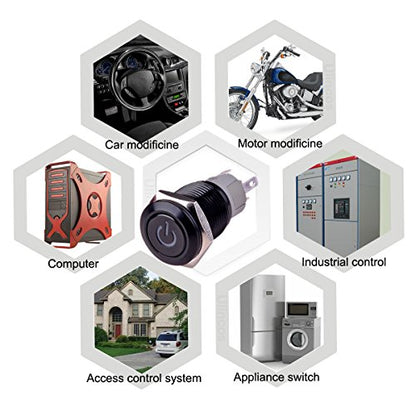 Latching Push Button Switch U16F5 1NO1NC SPDT ON/Off Black Shell with Blue Power Symbol LED Suitable for 16mm 5/8" Mounting Hole (Blue) - color: Blue