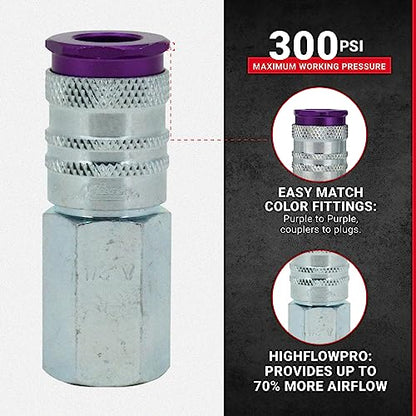 Milton 764VC ColorFit HIGHFLOWPRO V-Style Air Couplers, 1/4" FNPT Female Quick Connect, Purple Color-Coded High-Flow Fittings, Up to 70% More Airflow, 300 PSI, Box of 10
