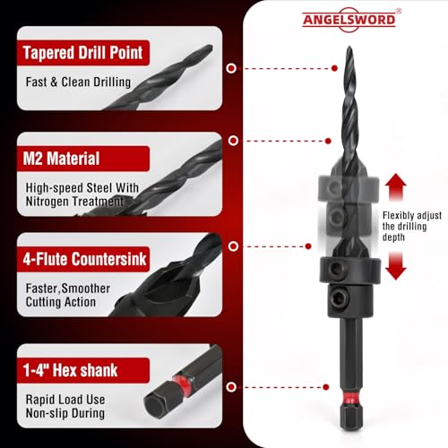 ANGELSWORD Countersink Drill Bit Set for Wood, 5pc Tapered Drill Bits