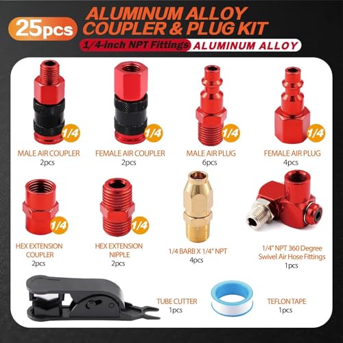 25Pcs 1/4" NPT Universal Air Coupler Plug Kit Aluminium Alloy