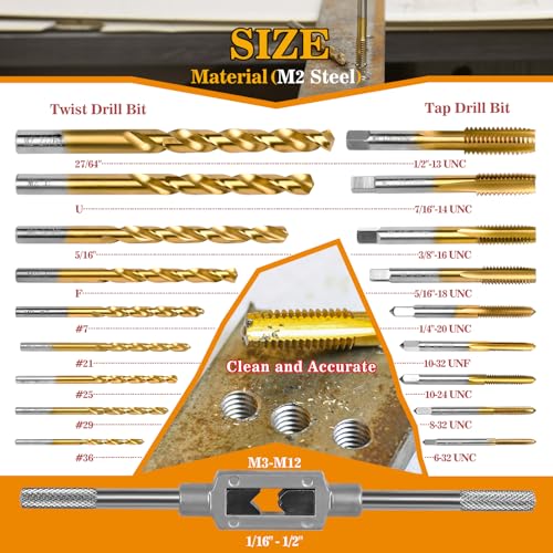 18Pcs SAE Drill and Tap Set with Tap Wrench for Metal,6-32 to 1/2"-13 UNC - size: 6-32 UNC to 1/2"-13 UNC