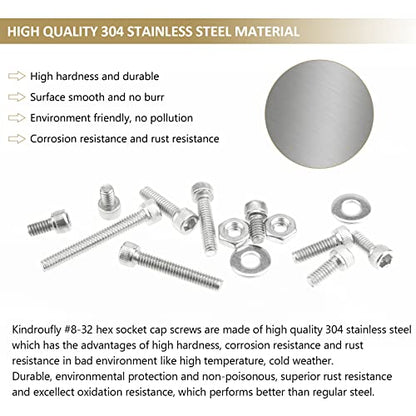 202 Pieces #8-32 x 1/4", 5/16", 3/8", 1/2", 5/8", 3/4", 1", 1-1/4", Hex Socket Head Cap Screws Nuts Washers Assortment Kit, 304 Stainless Steel, Fully Machine Thread - size: #8-32, style: Socket Head