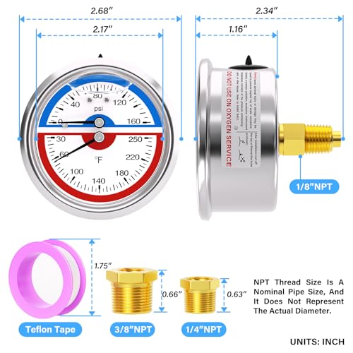 MEANLIN MEASURE 0-160Psi Stainless Steel Thermal Pressure Gauge 30-250℉ 1/4" NPT 2.5" FACE DIAL Liquid Filled Pressure Gauge, with 1/2" NPT and 3/8" NPT Hex Bushing, Back Mount - size: Back Mount, style: Liquid Filled