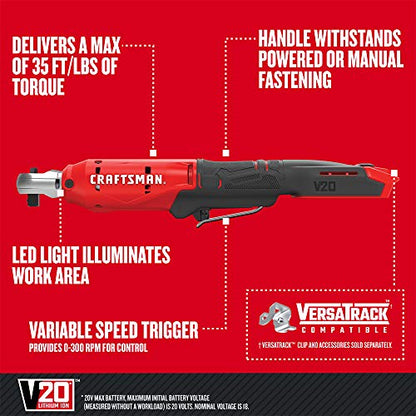 CRAFTSMAN V20 Cordless Ratchet Wrench, 3/8 inch Drive, 300 RPM, up to 35 ft-lbs of Torque, Bare Tool Only (CMCF930B) - style: V20 3/8 Inch Drive Ratchet