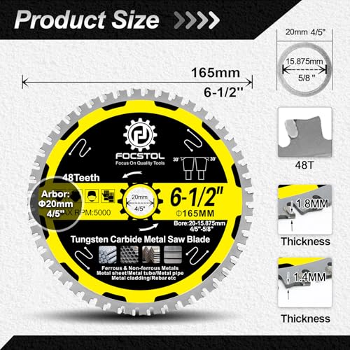 6-1/2 Inch Metal Cutting Circular Saw Blade - FOCSTOL Tungsten Carbide Tipped Saw Blade 48T for Iron Ferrous Metals Steel Pipe Arbor 4/5 Inch x 5/8 Inch - size: 6-1/2 Inch(165mm)