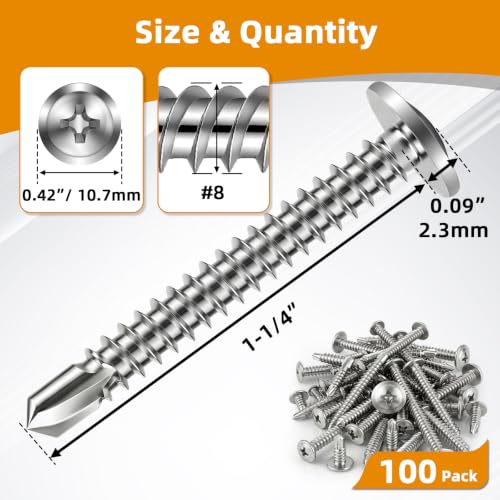 Mellewell #8 x 1-1/4" Wafer Head Self Drilling Screws Wood Screws, Truss Head Fast Self Tapping Sheet Metal Screws, 410 Stainless Steel, 100 PCS - color: Silver, size: #8 x 1-1/4"