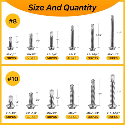 480PCS Hex Washer Head Self Drilling Screws (Silver) - color: Silver
