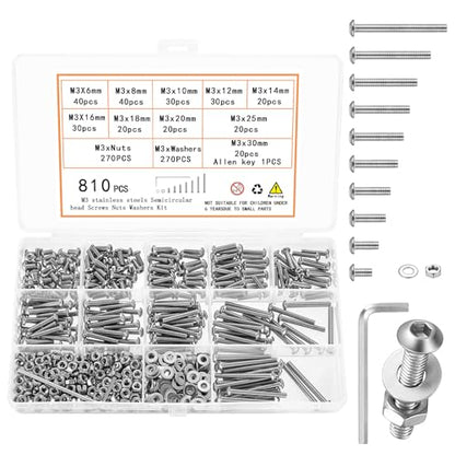 810 Pcs M3 Screws Kit, M3 Machine Screws and Nuts and Washers Set, Assorted Button Head Socket Cap Screws Nuts and Bolts Assortment Kit, Stainless Steel Metric Screw Assortment, Fully Threaded - size: M3