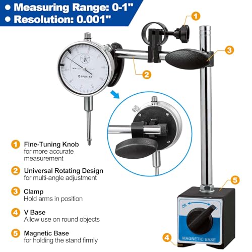 Spurtar Dial Indicator with Magnetic Base, 0-1'' Dial Test Indicator