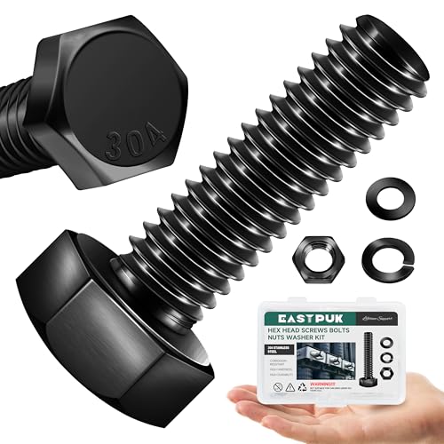 1/4-20 x 1 Hex Head Bolts Screws with Nuts, Flat & Lock Washers, 304 Stainless Steel Bolts and Nuts External Hex Drive Black Oxided 1/4 Bolt (10Sets) - color: Black, size: 1/4 x 1"