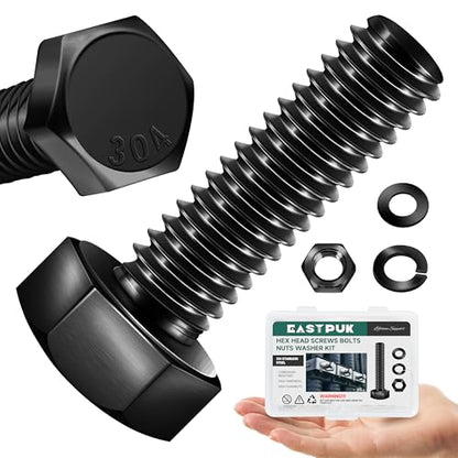 1/4-20 x 1 Hex Head Bolts Screws with Nuts, Flat & Lock Washers, 304 Stainless Steel Bolts and Nuts External Hex Drive Black Oxided 1/4 Bolt (10Sets) - color: Black, size: 1/4 x 1"
