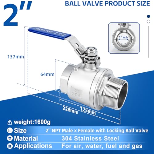2 Pack 2" Full Port Ball Valve NPT Male x Female 304 Stainless Steel Heavy Duty 1000 WOG Shut Off Valve with Locking Device (2 Inch) - size: 2 Inch