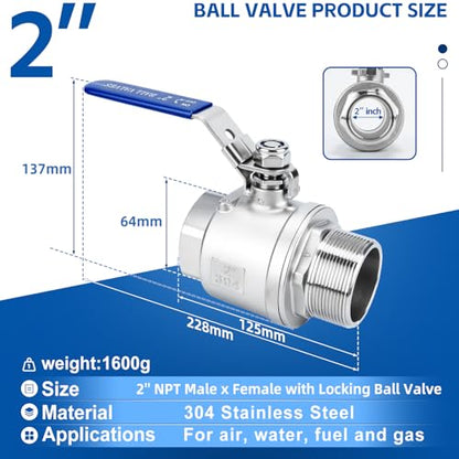 2 Pack 2" Full Port Ball Valve NPT Male x Female 304 Stainless Steel Heavy Duty 1000 WOG Shut Off Valve with Locking Device (2 Inch) - size: 2 Inch