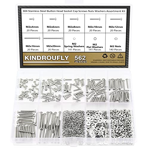 562 Pieces M2 x 4/6 /8/10 /12/16 /20mm Button Head Socket Cap Screws Nuts Washers Assortment Kit, 304 Stainless Steel, Fully Machine Thread - size: M2, style: Button Head