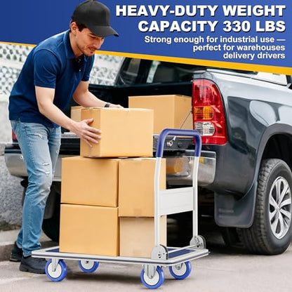 Foldable Push Cart Dolly | 330 lbs. Capacity | Heavy Duty Moving Platform Hand Truck with Swivel Wheels | Small Flatbed Cart | Space Saving Push Handle-Yellow - color: Yellow-330 Lbs. Capacity