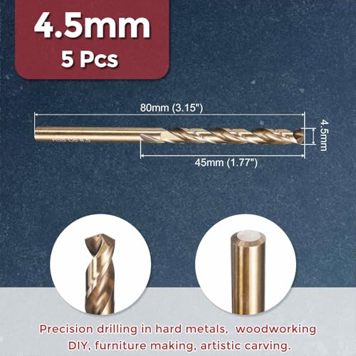 5pcs Drill Bit 4.5mm Diameter M35 5% Cobalt HSS for Metal - size: 4.5mm