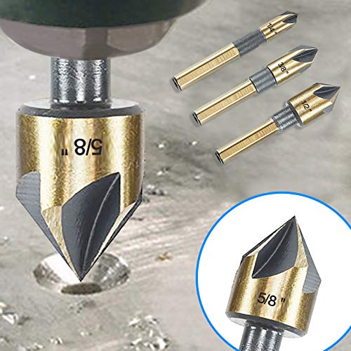 Countersink Drill Bit Set, 5 Pieces High Speed Steel 82 Degree 5 Flute 6mm Shank Mill Cutter Bit Countersink in Sizes 3/8" Set with Carrying Case. - size: 3/8''