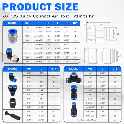 78 PCS Pneumatic Quick Connect Air Hose Fitting Kit - size: 78PCS