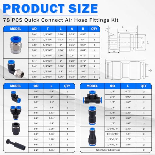 78 PCS Pneumatic Quick Connect Air Hose Fitting Kit - size: 78PCS