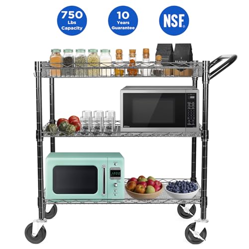 WDT Heavy Duty 3 Tier Utility Cart,Wire Rolling Cart with Wheels, Commercial Grade Service Cart with Shelving Liners and Handle Bar Metal Carts for Kitchen Office Hardware - color: 750lbs Capacity Black
